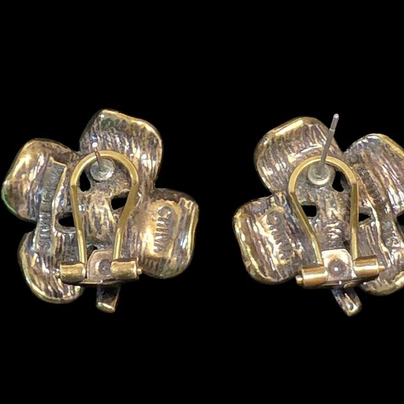 Heidi Daus Clover Clip-On Earrings W/ Crystal Accents Gold Tone Green & Clear Rh - Picture 5 of 6